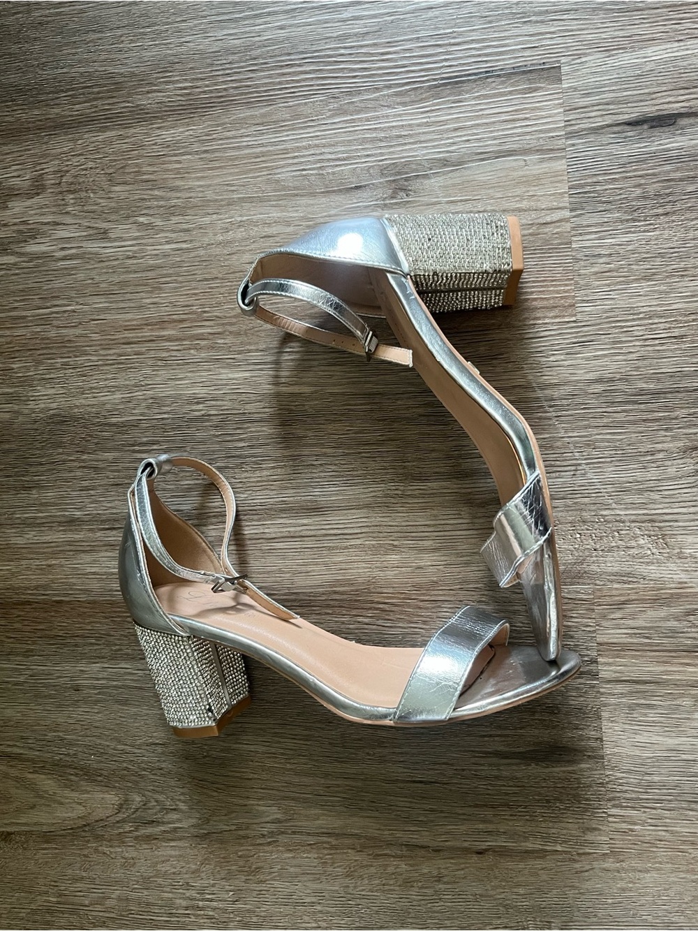 Metallic Silver Ankle-Strap Block Heel Sandals